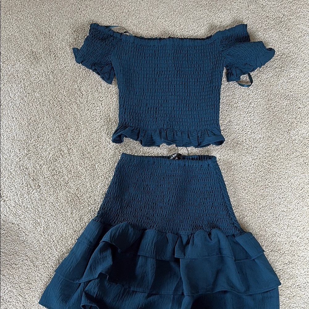 Girls Off-Shoulder Smocked Top and Skirt Set